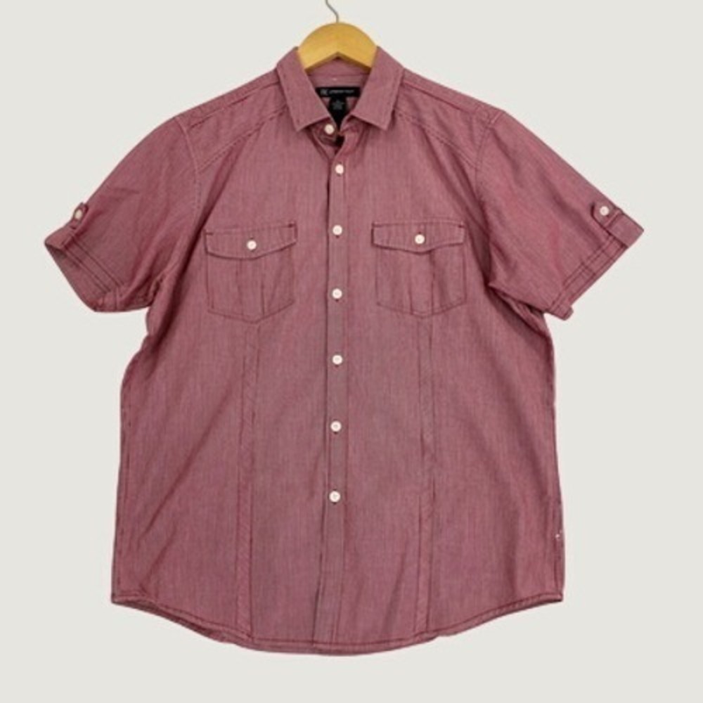 INC button up shirt Women M Red White Stripe Short Sleeve Yoke Casual Top